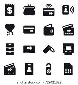 16 vector icon set : receipt, purse, tap to pay, pass card, cardio chip, credit card, wallet, atm, identity card, do not distrub