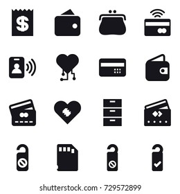 16 vector icon set : receipt, wallet, purse, tap to pay, pass card, cardio chip, credit card, do not distrub, please clean