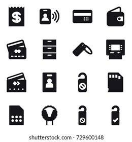 16 vector icon set : receipt, pass card, credit card, wallet, atm, identity card, do not distrub, sheep, please clean