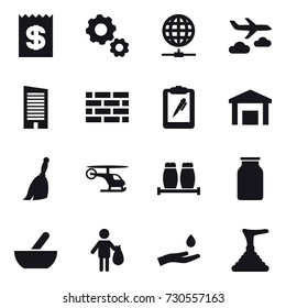 16 vector icon set : receipt, gear, globe connect, journey, skyscraper, brick wall, broom, mortar, trash, hand and drop, plunger