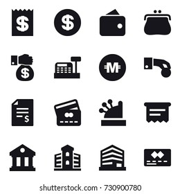 16 vector icon set : receipt, dollar, wallet, purse, money gift, cashbox, crypto currency, hand coin, account balance, credit card, atm receipt, library, building