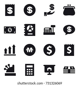 16 vector icon set : receipt, dollar, investment, purse, money, annual report, cashbox, money message, graph up, crypto currency, dollar coin, calculator, presentation