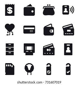 16 vector icon set : receipt, wallet, purse, pass card, cardio chip, credit card, atm, identity card, sheep, do not distrub, please clean
