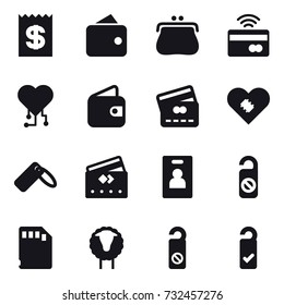 16 vector icon set : receipt, wallet, purse, tap to pay, cardio chip, credit card, identity card, do not distrub, sheep, please clean