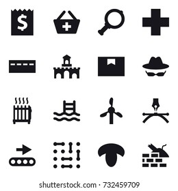 16 vector icon set : receipt, add to basket, magnifier, bunker, fort, radiator, pool, mushroom, construct garbage