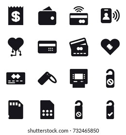 16 vector icon set : receipt, wallet, tap to pay, pass card, cardio chip, credit card, atm, do not distrub, please clean