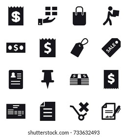 16 vector icon set : receipt, gift, shopping bag, courier, money, label, sale label