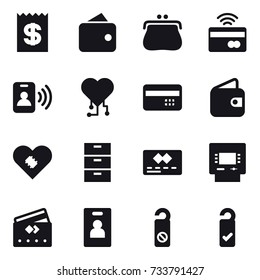 16 vector icon set : receipt, wallet, purse, tap to pay, pass card, cardio chip, credit card, atm, identity card, do not distrub, please clean