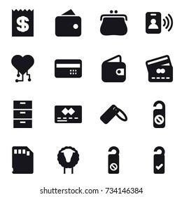 16 vector icon set : receipt, wallet, purse, pass card, cardio chip, credit card, do not distrub, sheep, please clean