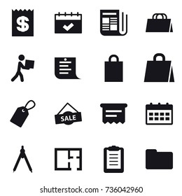 16 vector icon set : receipt, calendar, newspaper, shopping bag, courier, shopping list, label, sale, atm receipt, drawing compass, plan