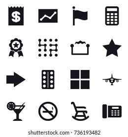 16 vector icon set : receipt, statistic, flag, calculator, medal, chip, electrostatic, star, right arrow, window, plane, cocktail, no smoking, rocking chair