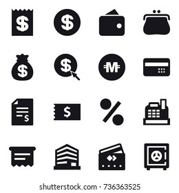 16 vector icon set : receipt, dollar, wallet, purse, money bag, dollar arrow, crypto currency, credit card, account balance, percent, cashbox, atm receipt, safe