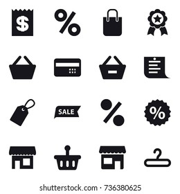 16 vector icon set : receipt, percent, shopping bag, medal, basket, credit card, remove from basket, shopping list, label, sale, shop, hanger
