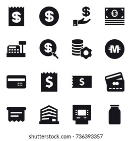 16 vector icon set : receipt, dollar, investment, money, cashbox, dollar arrow, virtual mining, crypto currency, credit card, atm receipt, atm