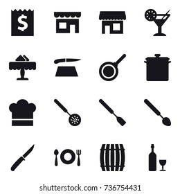16 vector icon set : receipt, shop, cocktail, restaurant, cutting board, pan, cook hat, skimmer, spatula, big spoon, knife, barrel, wine