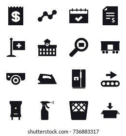 16 vector icon set : receipt, graph, calendar, account balance, university, surveillance camera, iron, fridge, hive, sprayer, trash bin, package