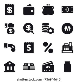 16 vector icon set : receipt, wallet, purse, money, money gift, dollar arrow, virtual mining, crypto currency, hand coin, percent, cashbox, library, credit card
