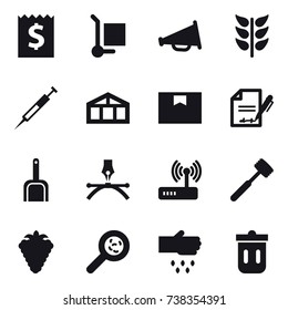 16 vector icon set : receipt, cargo stoller, loudspeaker, greenhouse, scoop, meat hammer, berry, viruses, sow, trash bin