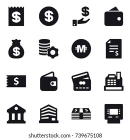 16 vector icon set : receipt, dollar, investment, wallet, money bag, virtual mining, crypto currency, account balance, credit card, cashbox, library, atm