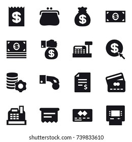 16 vector icon set : receipt, purse, money bag, money, money gift, cashbox, dollar arrow, virtual mining, hand coin, account balance, credit card, atm receipt, atm