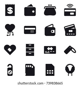 16 vector icon set : receipt, wallet, purse, tap to pay, cardio chip, credit card, do not distrub, sheep