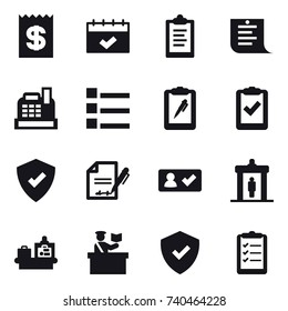 16 vector icon set : receipt, calendar, clipboard, shopping list, cashbox, list, check in, detector, baggage checking, inspector, clipboard list