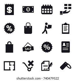 16 vector icon set : receipt, money, calendar, gift, percent, shopping bag, courier, clipboard, sale, plan
