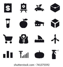 16 vector icon set : receipt, presentation, eco car, box, house with garage, 3d, cart, life vest, shark flipper, pumpkin, sprayer