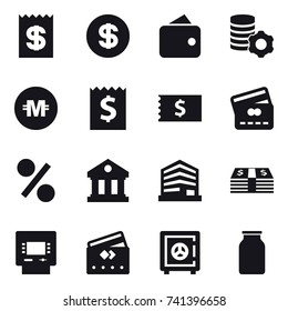 16 vector icon set : receipt, dollar, wallet, virtual mining, crypto currency, credit card, percent, library, atm, safe