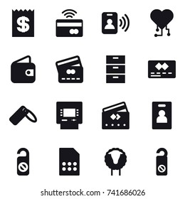 16 vector icon set : receipt, tap to pay, pass card, cardio chip, wallet, credit card, atm, identity card, do not distrub, sheep