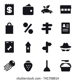 16 vector icon set : receipt, wallet, eco car, market, shopping bag, percent, singlepost, tower, jellyfish, strawberry, plunger, washing powder