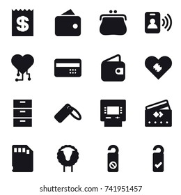 16 vector icon set : receipt, wallet, purse, pass card, cardio chip, credit card, atm, sheep, do not distrub, please clean