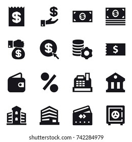 16 vector icon set : receipt, investment, money, money gift, dollar arrow, virtual mining, wallet, percent, cashbox, library, building, credit card, safe