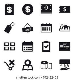 16 vector icon set : receipt, dollar, money, label, sale, calendar, project, panel house, map, toilet paper, hand dryer