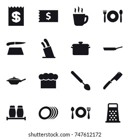 16 vector icon set : receipt, hot drink, cafe, cutting board, stands for knives, pan, chef  hat, big spoon, chef knife