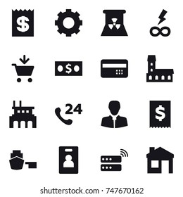 16 vector icon set : receipt, gear, nuclear power, infinity power, add to cart, money, credit card, mansion, factory, identity card, house
