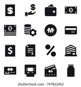 16 vector icon set : receipt, investment, wallet, money, virtual mining, crypto currency, credit card, account balance, percent, atm
