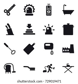 16 vector icon set : remote control, bath, stands for knives, pan, whisk, cutting board, factory, vacuum cleaner, brush, iron board
