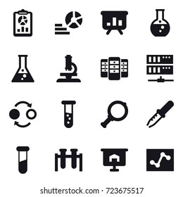 16 vector icon set : report, diagram, presentation, round flask, flask, microscope, server, server, quantum bond, vial, magnifier, presentation