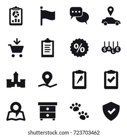 16 vector icon set : report, flag, discussion, car pointer, add to cart, clipboard, percent, sale, castle, map, nightstand, pets