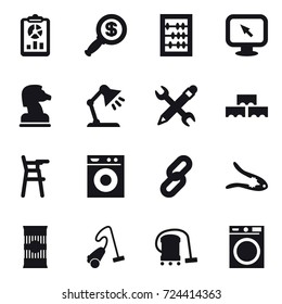 16 vector icon set : report, dollar magnifier, abacus, monitor arrow, chess horse, table lamp, pencil wrench, block wall, Chair for babies, washing machine, walnut crack, vacuum cleaner