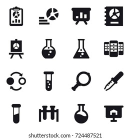 16 vector icon set : report, diagram, presentation, annual report, round flask, flask, server, quantum bond, vial, magnifier
