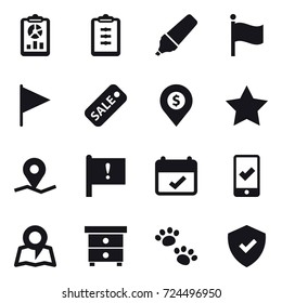 16 vector icon set : report, clipboard, marker, flag, sale, dollar pin, star, mobile checking, map, nightstand, pets
