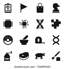 16 vector icon set : report, flag, shopping bag, chess horse, chip, dna, puzzle, donut, measuring tape, hand mill, sheep, toilet brush