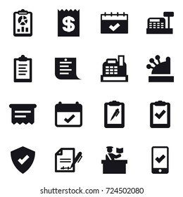 16 vector icon set : report, receipt, calendar, cashbox, clipboard, shopping list, atm receipt, inspector, mobile checking