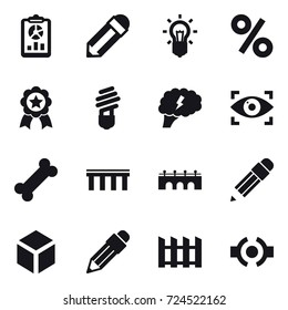16 vector icon set : report, pencil, bulb, percent, medal, brain, eye identity, bridge, 3d, fence
