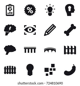 16 vector icon set : report, percent, bulb, bulb head, brain, eye identity, pencil, bridge, fence, eggplant