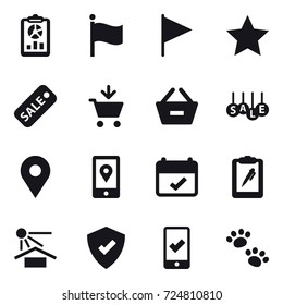 16 vector icon set : report, flag, star, sale, add to cart, remove from basket, mobile checking, pets