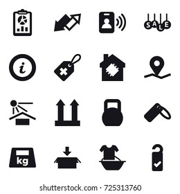 16 vector icon set : report, up down arrow, pass card, sale, info, smart house, package, handle washing, please clean