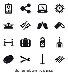 16 vector icon set : report, share, notebook, sun power, scales, vip fence, suitcase, do not distrub, scoop, pruner, rake, clothespin